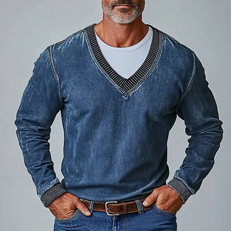 

Men's Denim Stripes V-Neck Long Sleeve Sweatshirt