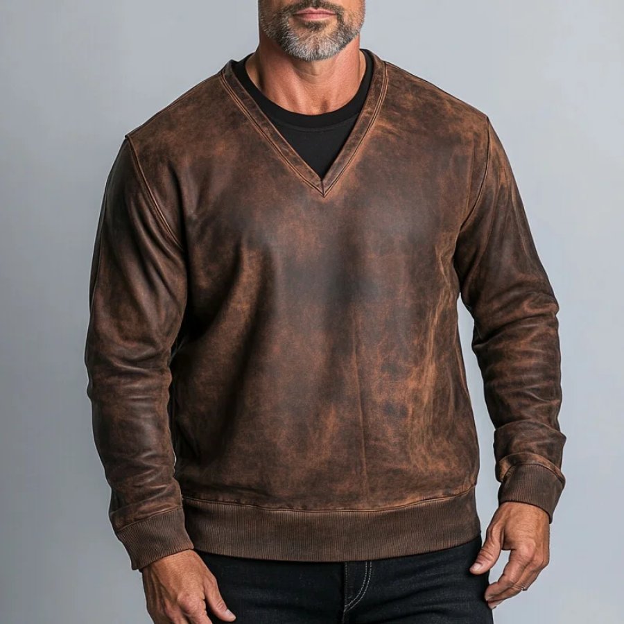 

Men's Vintage V-neck Long Sleeve PU Leather Sweatshirt