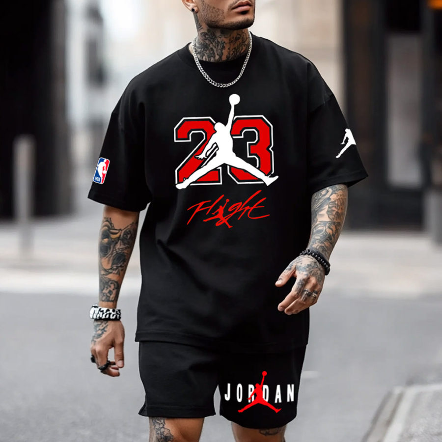 

Unisex Vintage Basketball Print Oversized T-shirt And Shorts Set