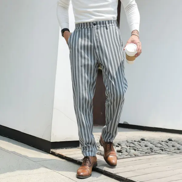 Men's Striped Business Casual Blue Pants - Dozenlive.com 