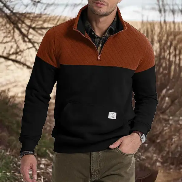 Men's Fashion Retro Air Layer Stitching Zipper Polo Sweatshirt - Dozenlive.com 