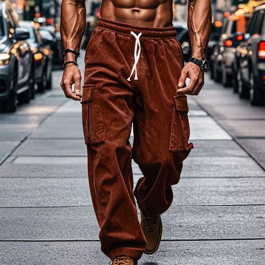 

Men's Vintage Multi-pocket Corduroy Drawstring Elastic Waist Cargo Pants