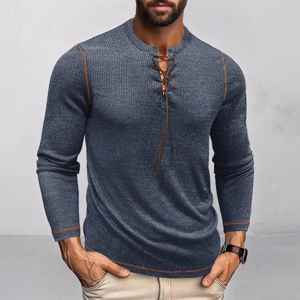 Men's Lace Up Basic Long Sleeve T-Shirt - Mobilittle.com 