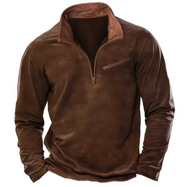 Men's T-Shirt 1/4 Zip Leather Lapel Long Sleeve Vintage Pocket Everyday Pullover - Dozenlive.com 
