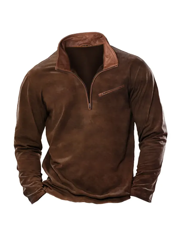 Men's T-Shirt 1/4 Zip Leather Lapel Long Sleeve Vintage Pocket Everyday Pullover - Aptkoi.com 