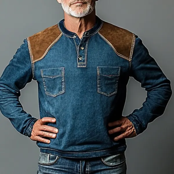 Men's Vintage Oversized Suede Denim Patchwork Color Block Double Pocket Sweatshirt - Anurvogel.com 
