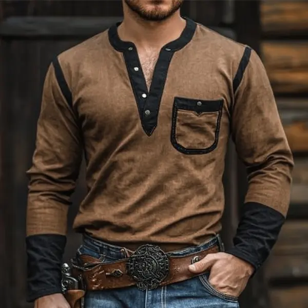 Men's Vintage Distressed Patchwork Long Sleeve Pocket Henley Neck T-Shirt - Anurvogel.com 