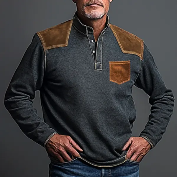 Men's Vintage Oversized Suede Denim Patchwork Color Block Henley Neck Sweatshirt - Anurvogel.com 