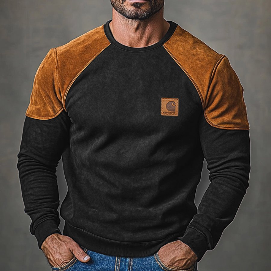 

Men's Vintage Suede Patchwork Color Block Sweatshirt Black