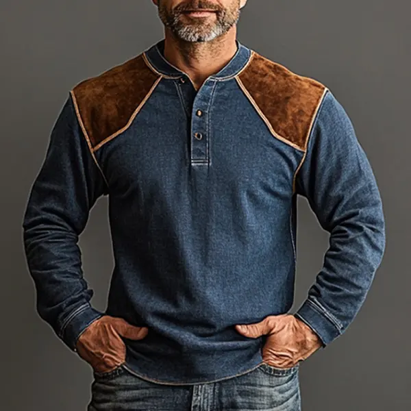 Men's Vintage Oversized Suede Denim Patchwork Henley Sweatshirt - Anurvogel.com 