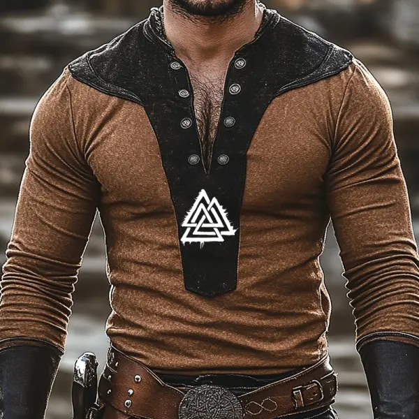Men's Vintage Distressed Patchwork Long Sleeve Button Down T-Shirt - Anurvogel.com 