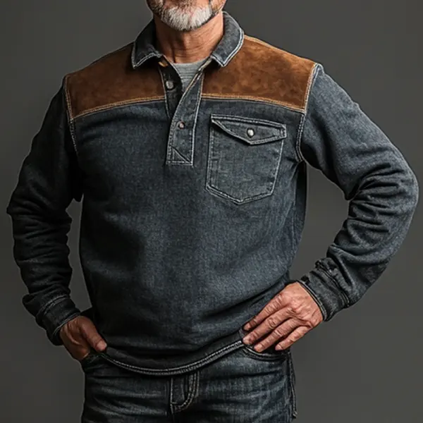 Men's Vintage Oversized Suede Denim Polo Neck Sweatshirt - Anurvogel.com 