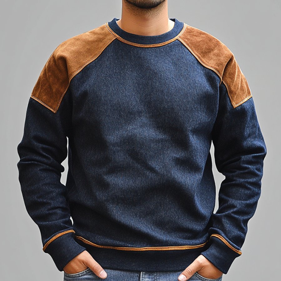 

Men's Vintage Suede Denim Patchwork Crew Sweatshirt