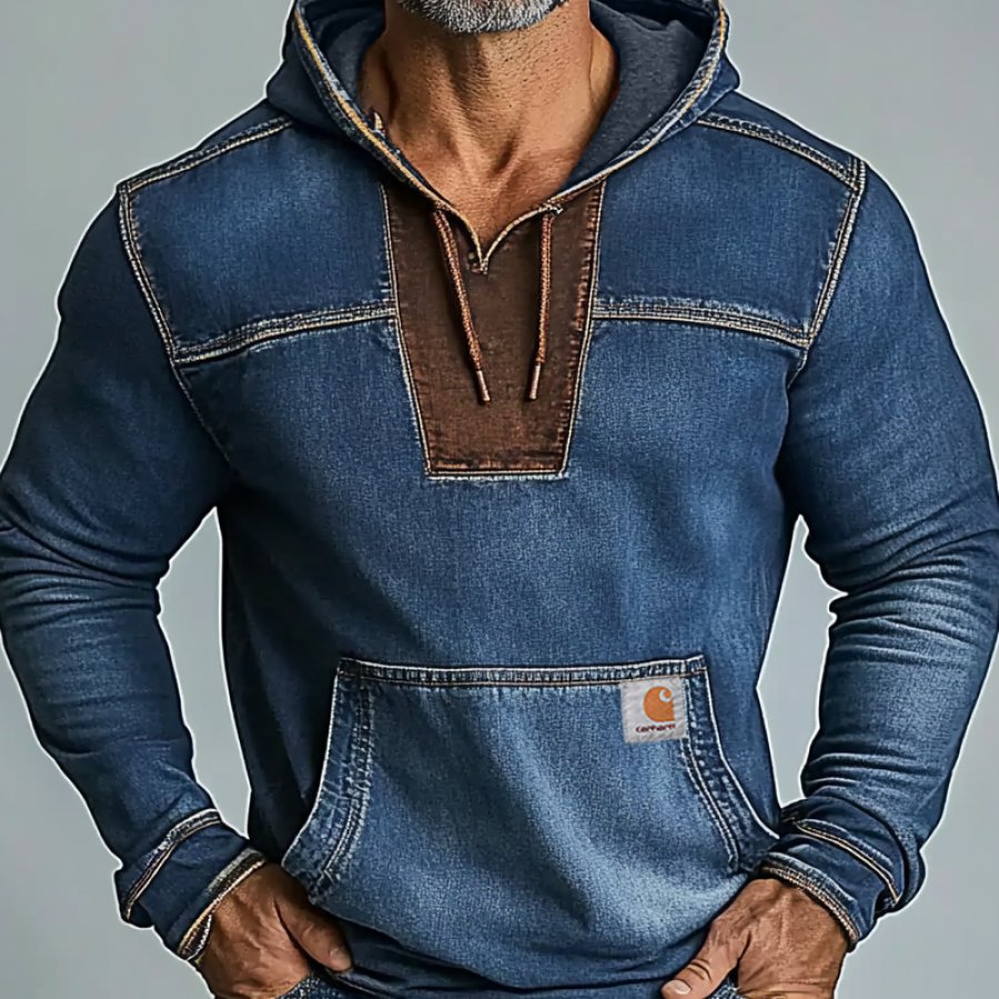 

Men's Vintage Suede Denim Patchwork Hoodie
