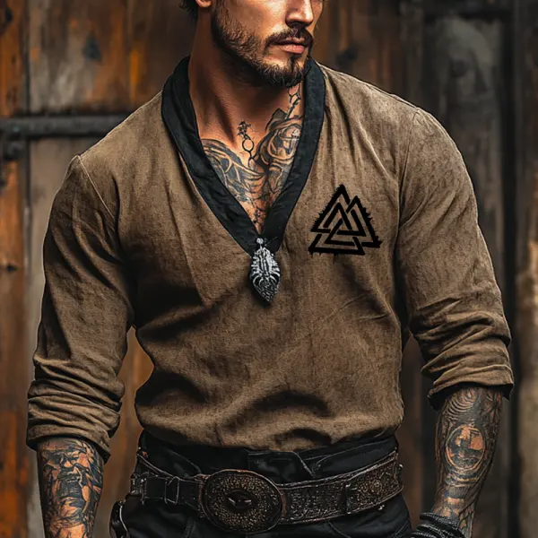 Men's Vintage Distressed Patchwork Graphic Print Long Sleeve Henley Neck T-Shirt - Anurvogel.com 