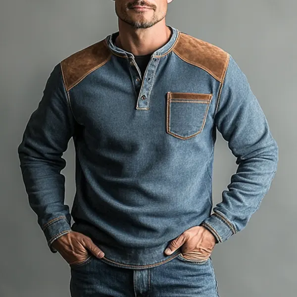 Men's Vintage Oversized Suede Denim Patchwork Sweatshirt Blue - Anurvogel.com 