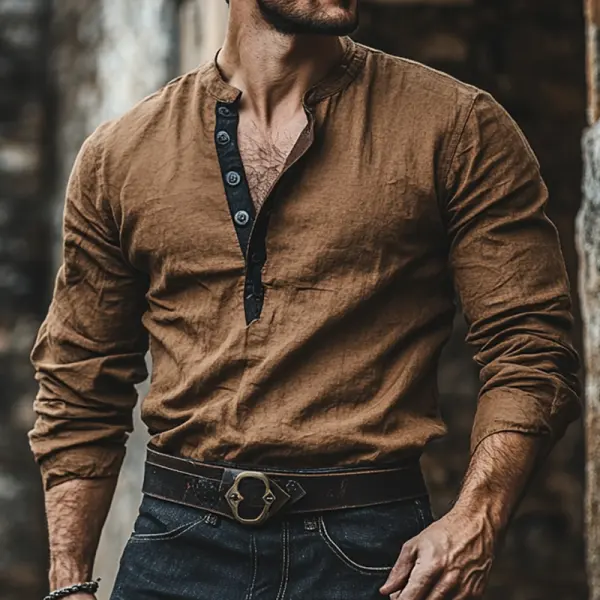 Men's Vintage Distressed Long Sleeve Henley Neck T-Shirt - Anurvogel.com 
