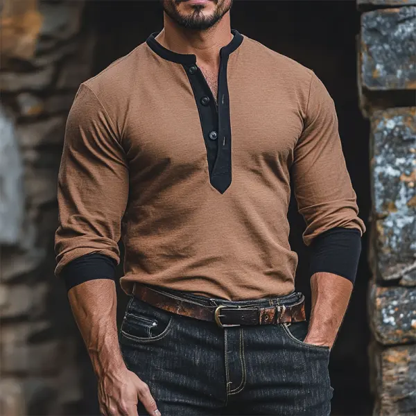Men's Vintage Color Block Long Sleeve Henley Neck T-Shirt - Anurvogel.com 