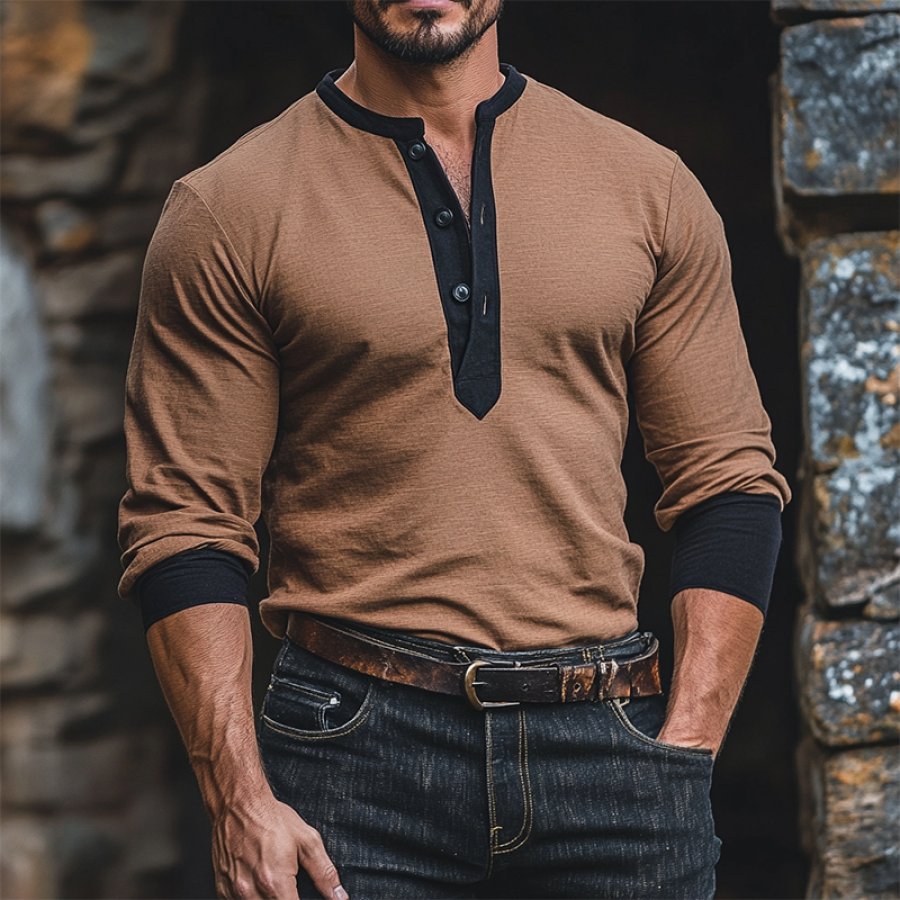 

Men's Vintage Color Block Long Sleeve Henley Neck T-Shirt