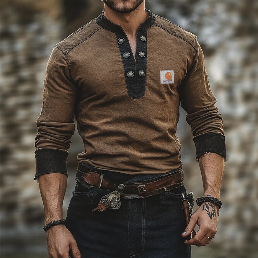 

Men's Vintage Distressed Tactical Patchwork Long Sleeve Henley Neck T-Shirt
