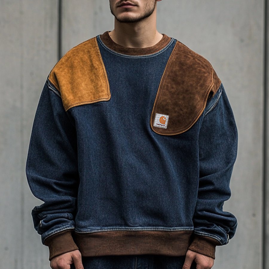 

Men's Carhartt Vintage Oversized Suede Denim Patchwork Color Block Sweatshirt