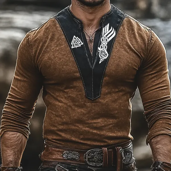 Men's Vintage Distressed Color Block Long Sleeve V Neck T-Shirt - Anurvogel.com 