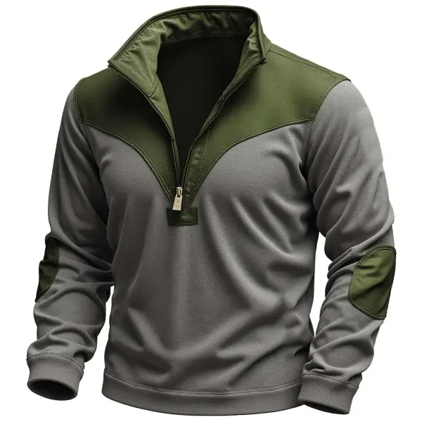 Men's Vintage Patchwork Suede Color Block Quarter Zip Stand Collar Long Sleeve T-shirt - Anurvogel.com 