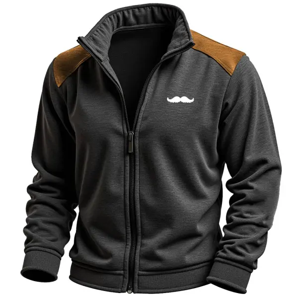 Men's Vintage Beard Printed Suede Contrast Full Zip Stand Collar Long Sleeve Sweatshirt Jacket - Anurvogel.com 
