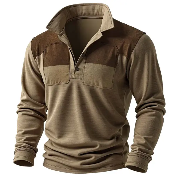 Men's Vintage Color Block Polo Collar Long Sleeve T-shirt - Anurvogel.com 