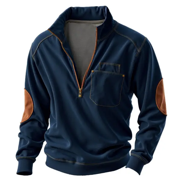 Men's Vintage Pocket Contrast Color Elbow Patches Half Zip Stand Collar Long Sleeve T-shirt - Anurvogel.com 