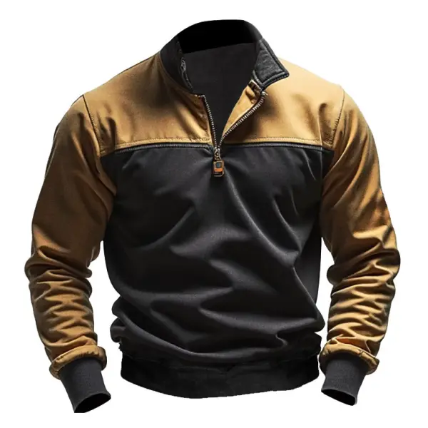 Men's Vintage Contrast Color Block Quarter Zip Stand Collar Sweatshirt - Anurvogel.com 