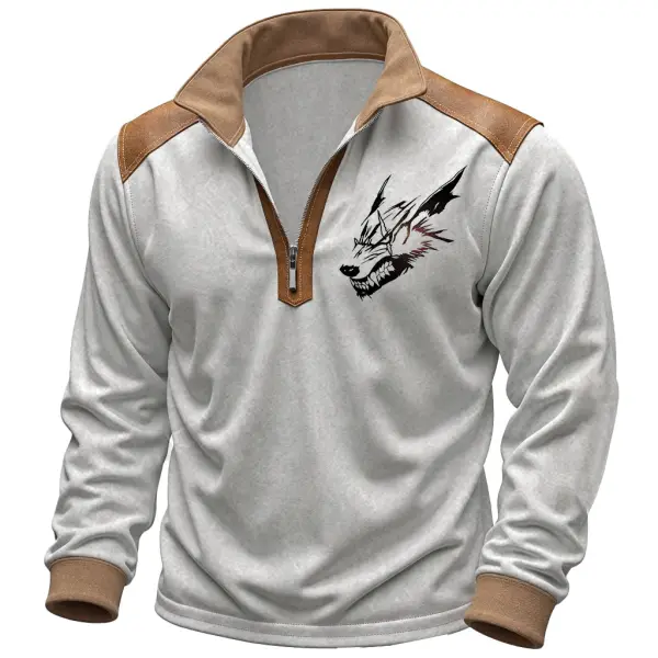 Men's Vintage Wolf Print Contrast Color Quarter Zip Stand Collar Long Sleeve T-shirt - Anurvogel.com 