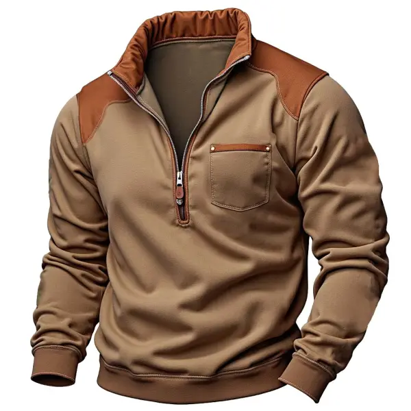 Men's Vintage Pocket Contrast Color Block Half Zip Stand Collar Sweatshirt - Anurvogel.com 