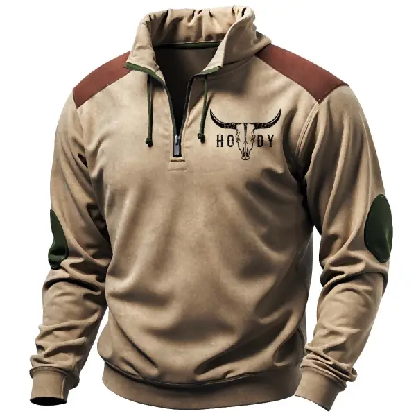 Men's Vintage Western Cowboy Bullhead Contrast Color Block Quarter Zip Stand Collar Sweatshirt - Anurvogel.com 