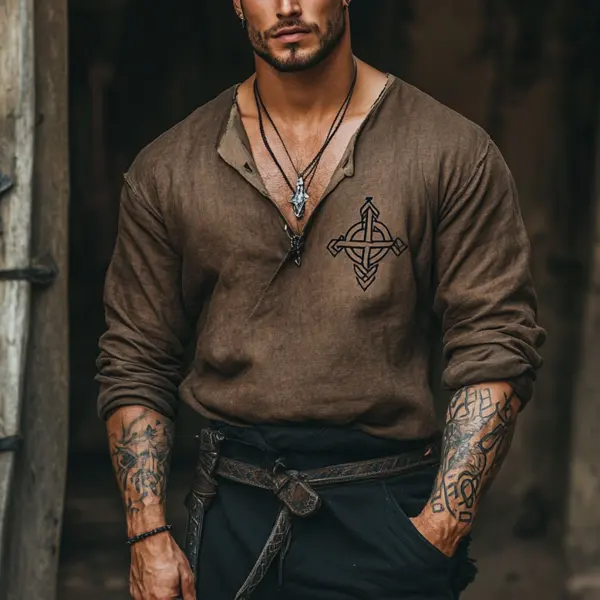 Men's Valknut Viking Print Henley V-neck T-shirt - Anurvogel.com 