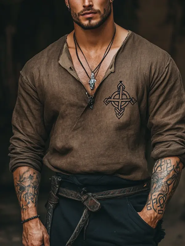 Men's Valknut Viking Print Henley V-neck T-shirt - Pragmaace.com 