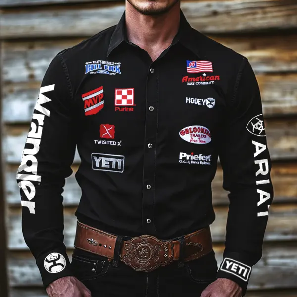 Men's Western Cowboy Outdoor PBR Teams Jack Dennis Black Long Sleeved Collar Shirts - Cotosen.com 