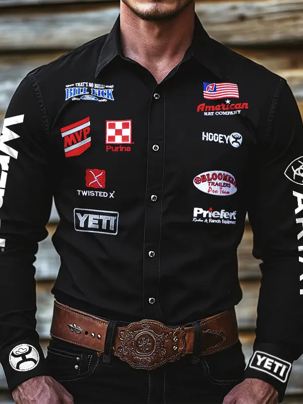 Men's Western Cowboy Outdoor PBR Teams Jack Dennis Black Long Sleeved Collar Shirts - Pragmaace.com 