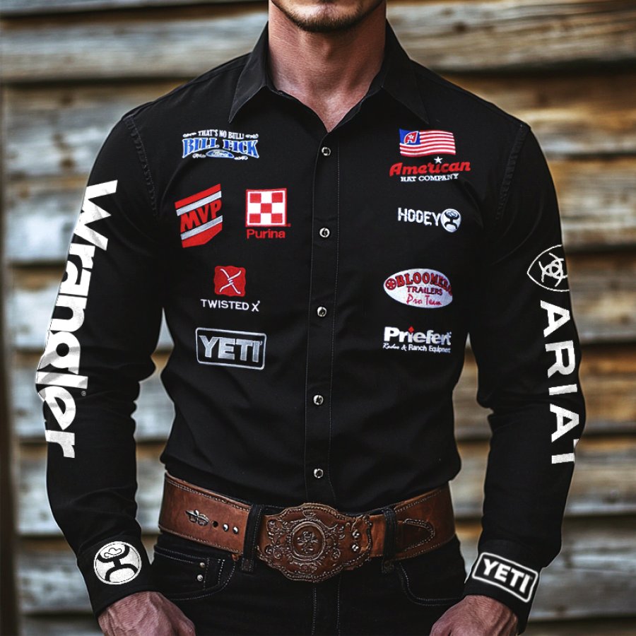 

Men's Western Cowboy Outdoor PBR Teams Jack Dennis Black Long Sleeved Collar Shirts