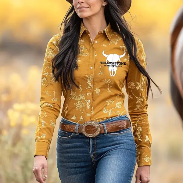 Women's Vintage Yellowstone Bull Skull Western Cowboy Long Sleeve Shirt Blouse - Anurvogel.com 