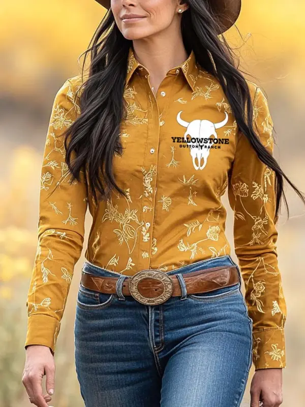 Women's Vintage Yellowstone Bull Skull Western Cowboy Long Sleeve Shirt Blouse Only $31.99 - Pragmaace.com 