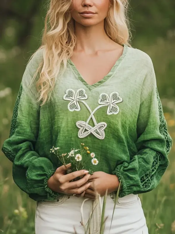 Women's St. Patrick's Shamrock Blend Linen V-neck Shirt Only $28.99 - Menbarn.com 