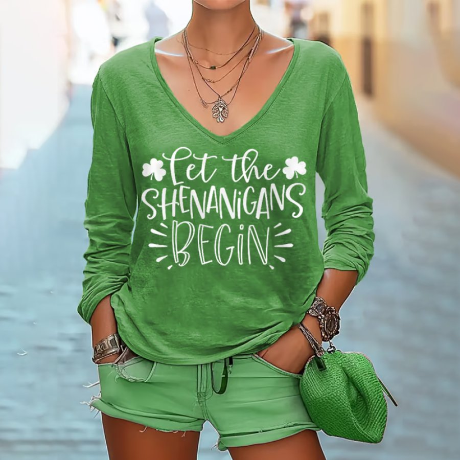 

Women's Funny St. Patrick's Day Let The Shenanigans Begin Shamrock Print Casual Long-Sleeve T-Shirt