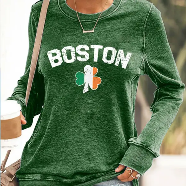 Retro St Patrick's Day Shamrock Boston Print Sweatshirt - Wayrates.com 