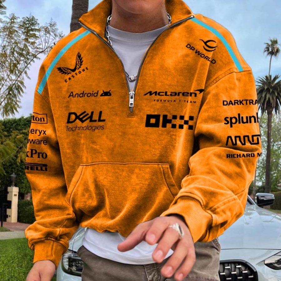 

Men's Vintage Racing Car Print Pocket Zip-up Stand Collar Orange Sweatshirt