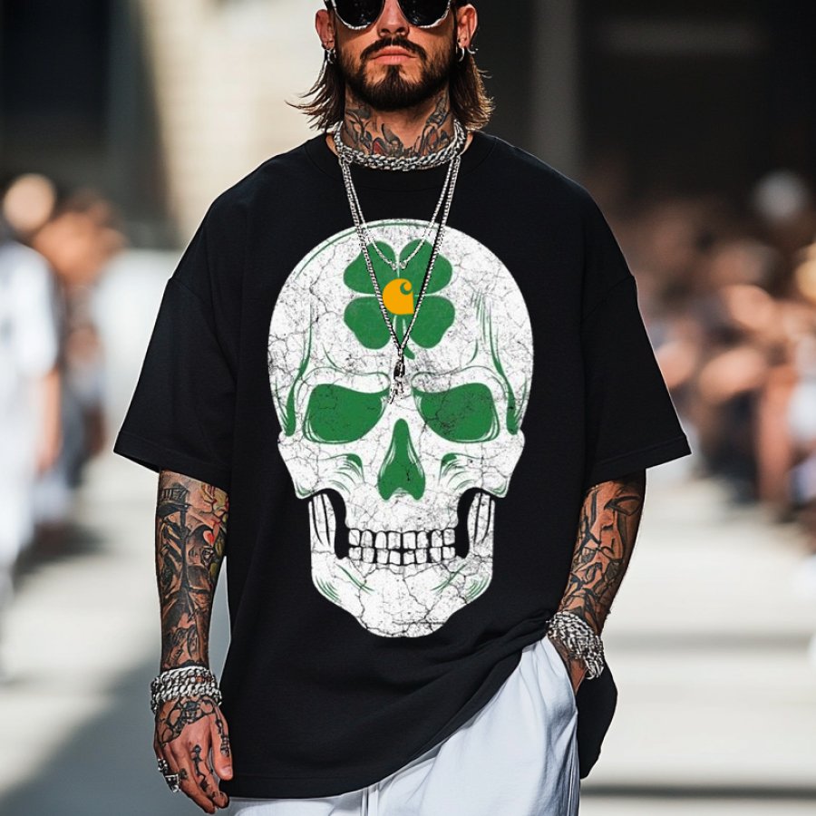 

Men's Vintage Classic St. Patrick's Day Skull Shamrock Letter Print T Shirt Black