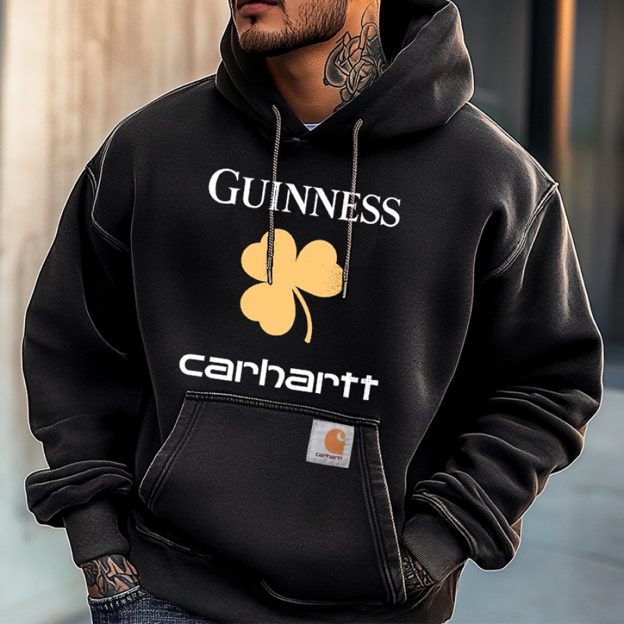 

Men's Vintage Casual St. Patrick's Day Shamrock Letter Print Hoodie Black