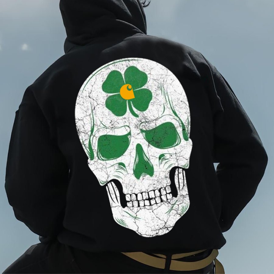 

Men's Vintage Shamrock Skull St. Patrick's Day Graphic Print Hoodie Black Streetwear