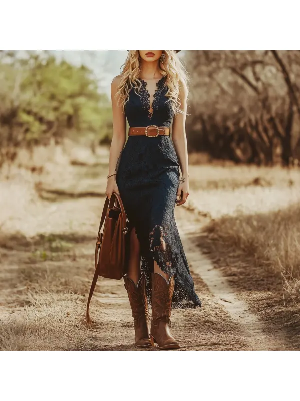 Vintage Bohemian Blue Lace Sleeveless Midi Dress - Cominbuy.com 