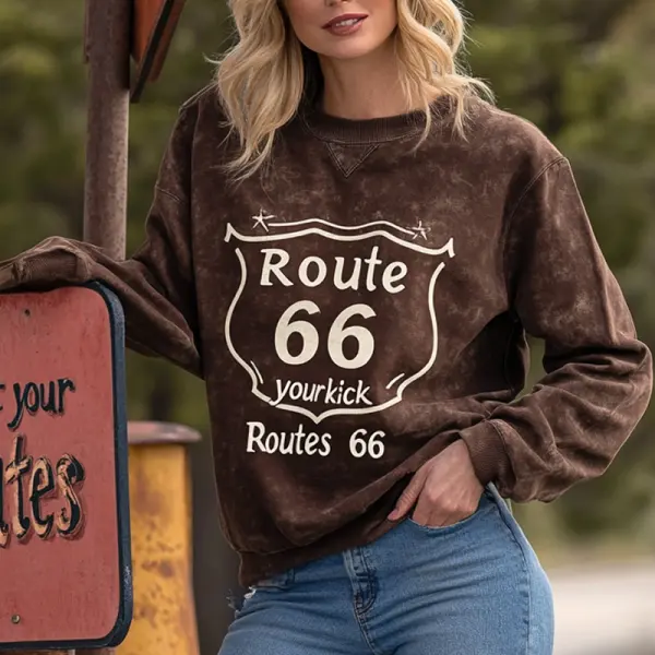 Women's Vintage Route 66 Print Brown Casual Sweatshirt Dark Brown - Cotosen.com 